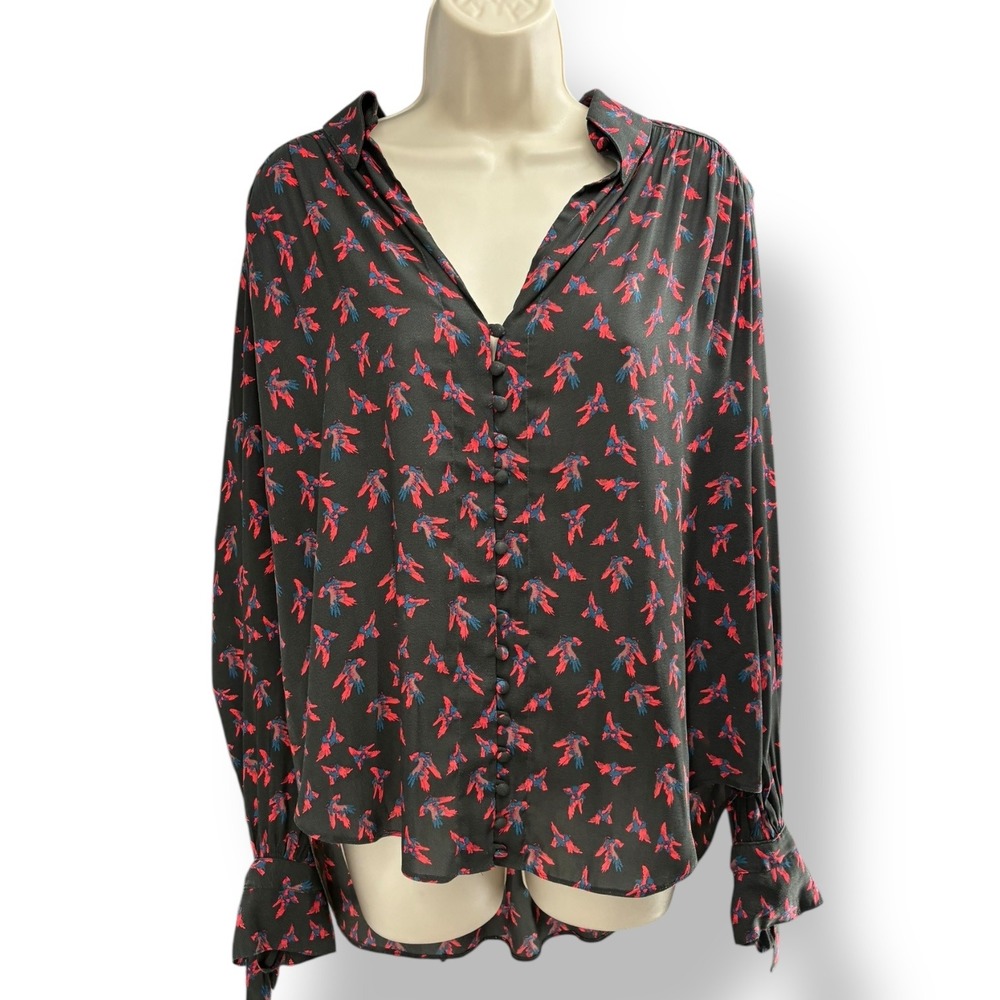 Free People Bird Print Button Front Blouse S Long Sleeve Tie Cuff Boho Oversized